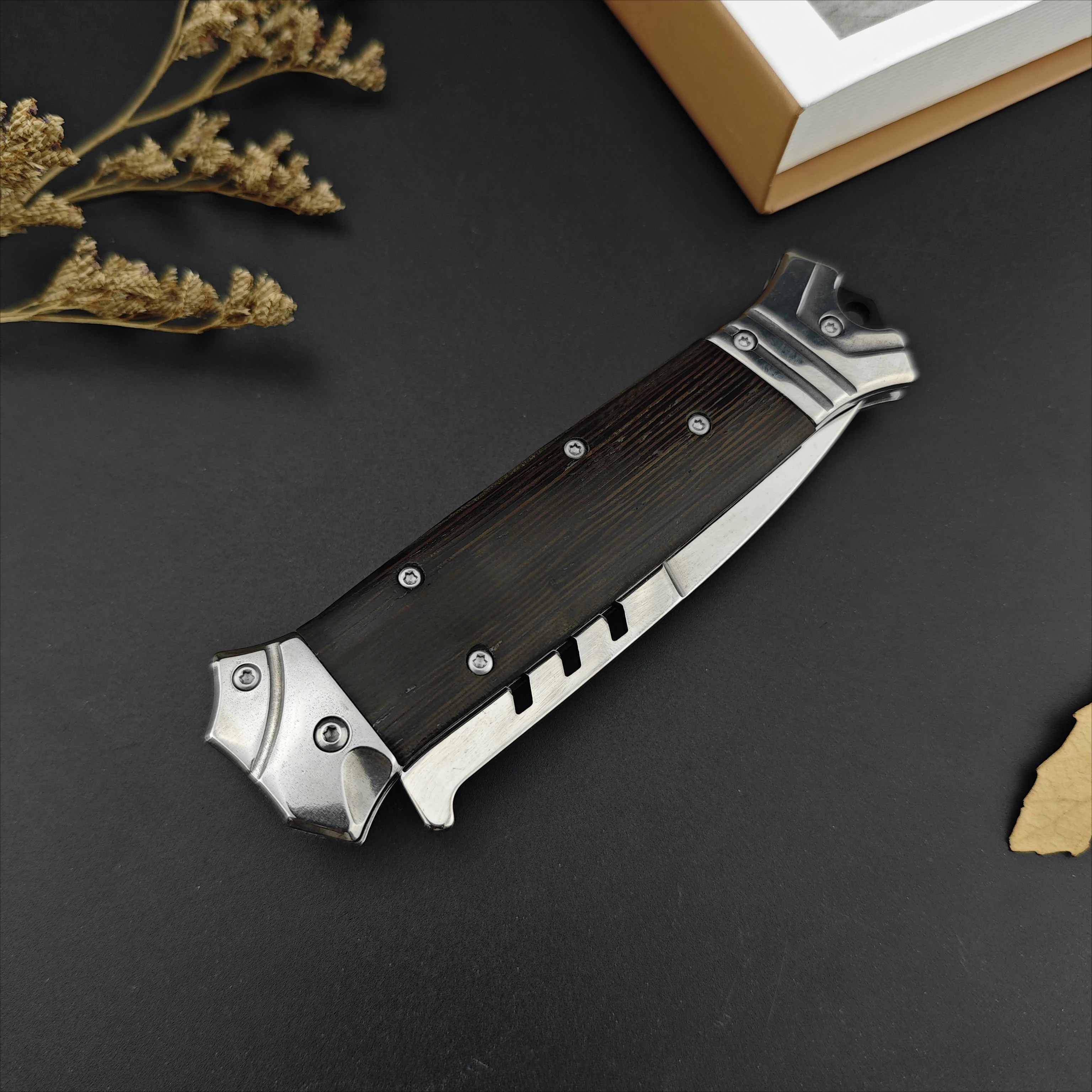 Survival Rescue 440C Blade Camping Hunting Chicken Wing Wooden Handle Hiking Tactics EDC Folding Knife with Sheath