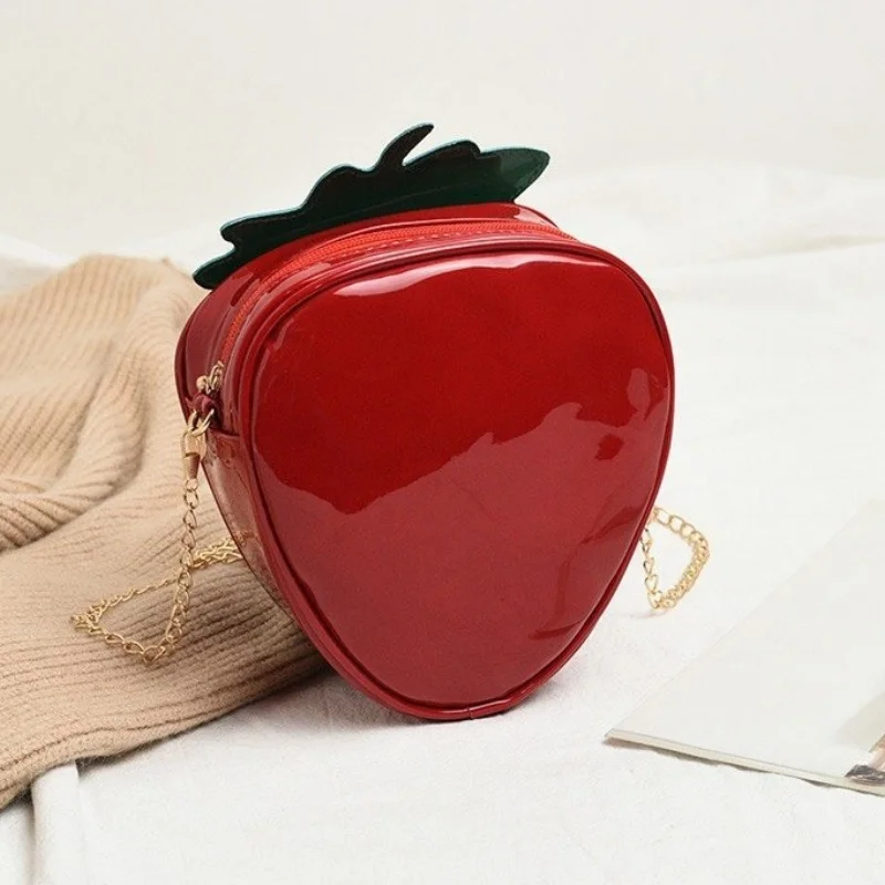 Women's Cute Patent Leather Summer Strawberry Shape Chain Bag Creative Fruit Girl Shoulder Crossbody Bag image 3