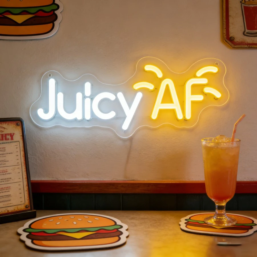 

Неоновая вывеска Juicy AF для декора стен бара, светодиодный диммируемый неоновый светильник с питанием от USB, для кафе, сок-баров, крутой сленг-надписью, декоративная подсветка для игровой комнаты