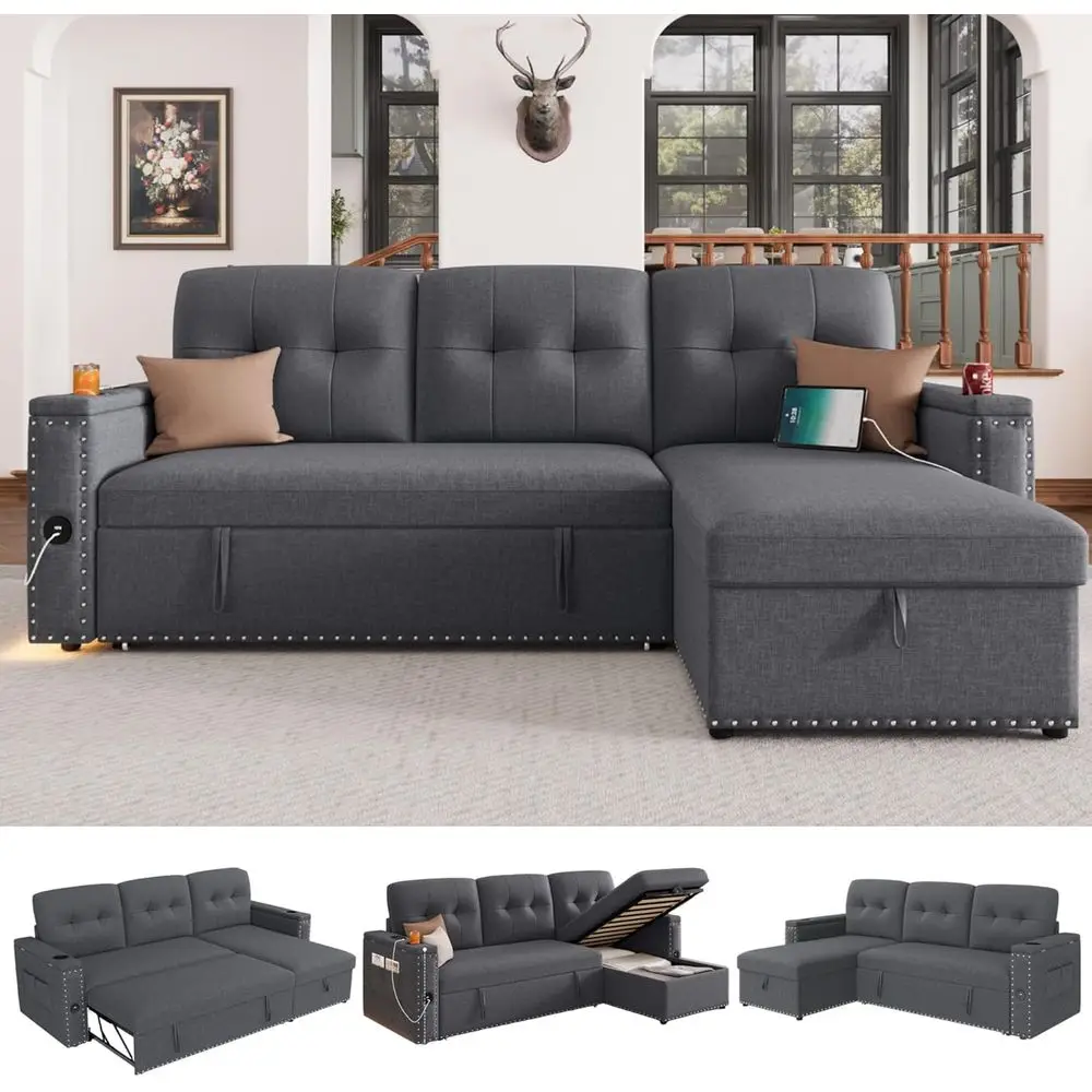 

81 Grey L-Shaped Sectional Sofa with Pull-Out Couch, Storage Chaise, Armrest Storage, LED Lights, USB Ports, and Cupholders