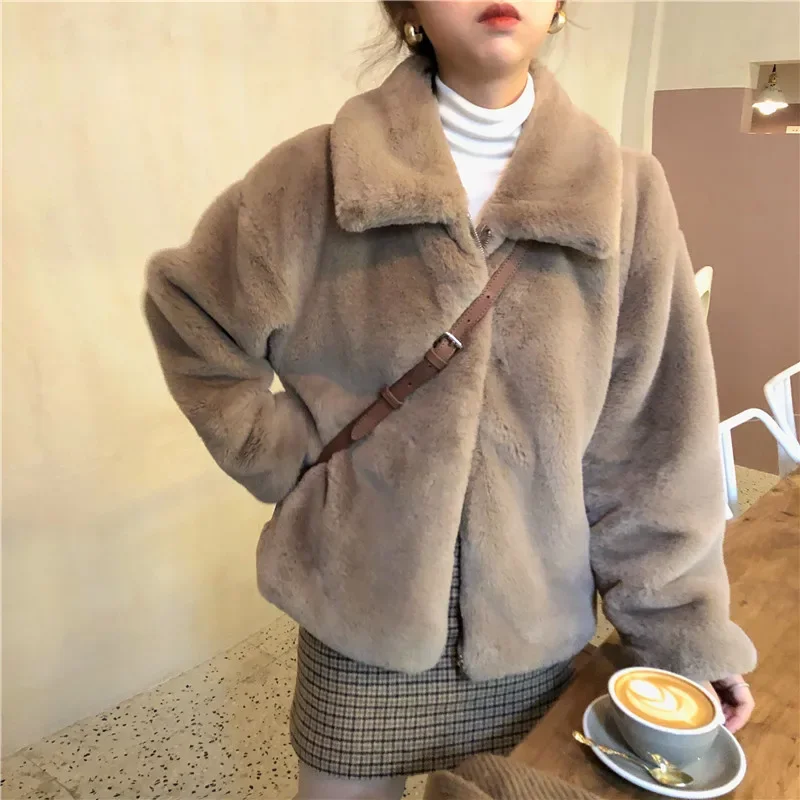 

Fashion Harajuku New Women Winter Thick Faux Fur Coat Short Jacket Long Sleeve Thicken Warm Overcoat Loose Zipper Outwear Khaki