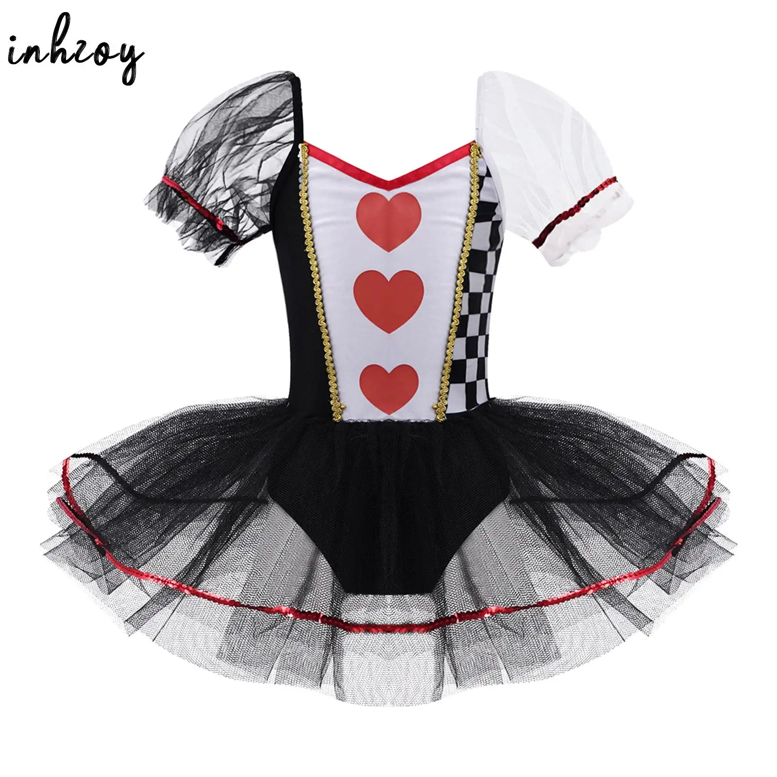 Kids Girls Little Queen Costume Short Sleeves Hearts Print Mesh Tutu Dress Leotard Child Halloween Cosplay Party Fancy Dress Up