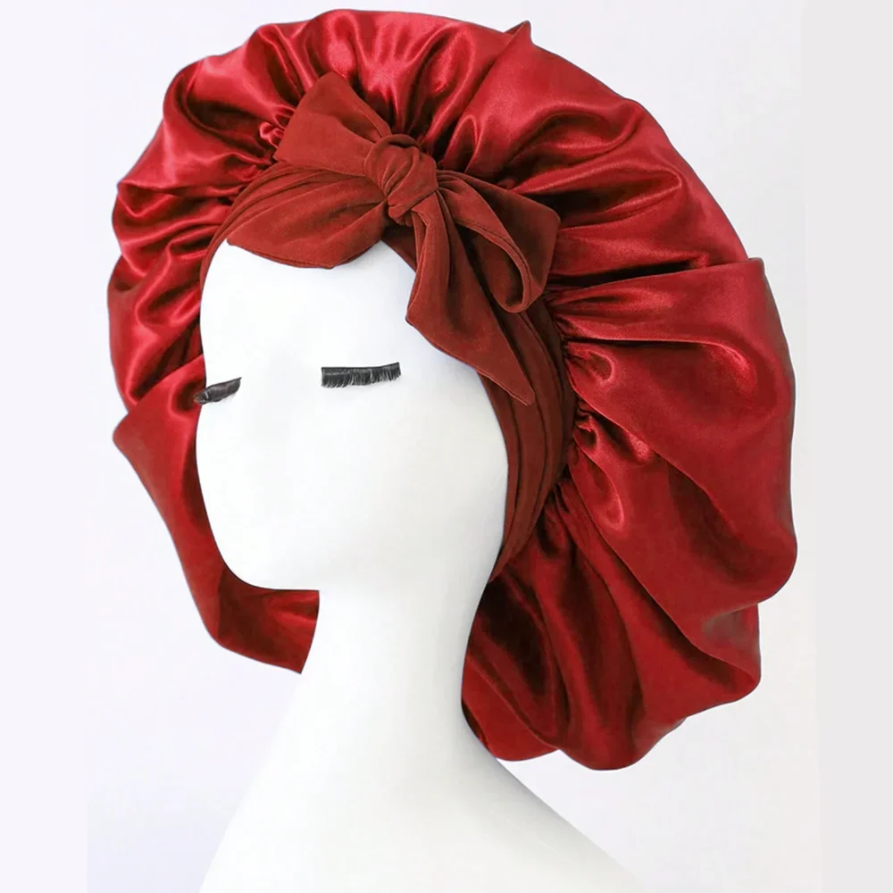 Solid Hair Bonnet with Bowknot Elastic Wide Edge Sleep & Shower Headwear for Women Popular Hair Care Accessory