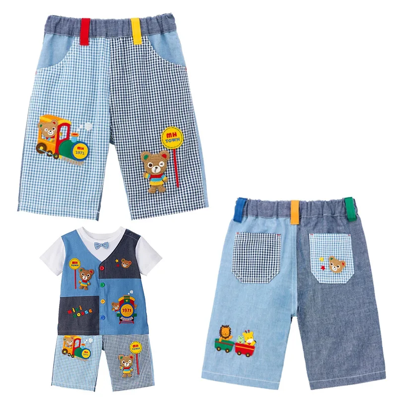 Summer 2025 Boys' Cropped Pants Cartoon Cute Bear Best Friends Train Embroidery Patchwork Shorts