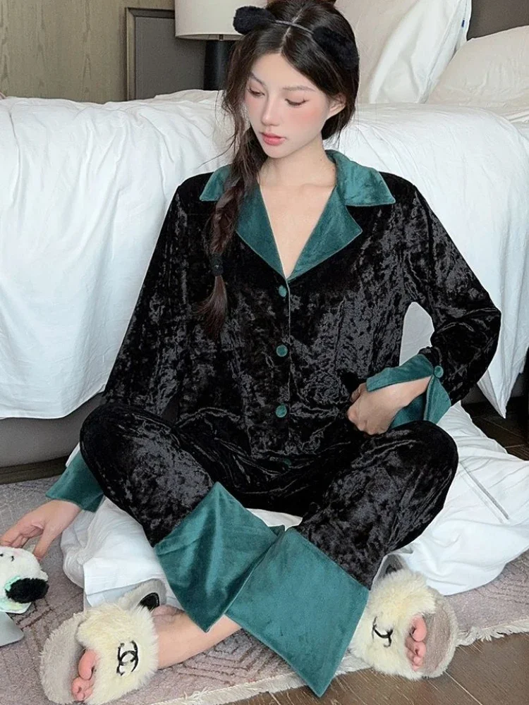 Luxury velvet Patchwork Pajamas set Long Sleeve Cardigan Pants Women Autumn Winter Homewear Sleepwear Two pieces Black Nightwear