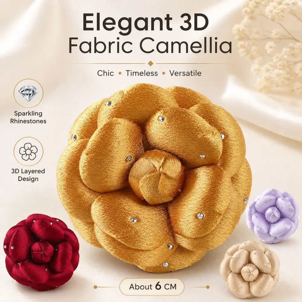 Satin Camellia Flower Embellishment Layered Petals Rhinestone Accents Rhinestone Flower Applique Handmade Soft