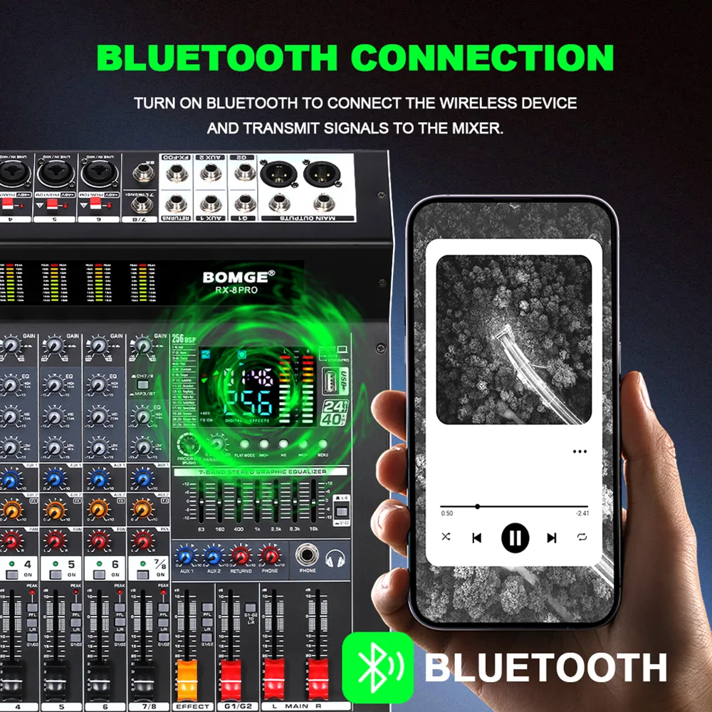 BOMGE 256DSP 8 Channel Audio Mixer DJ Sound Console with USB audio interface MP3 PC Recording 48V BT for Microphone DJ Recording