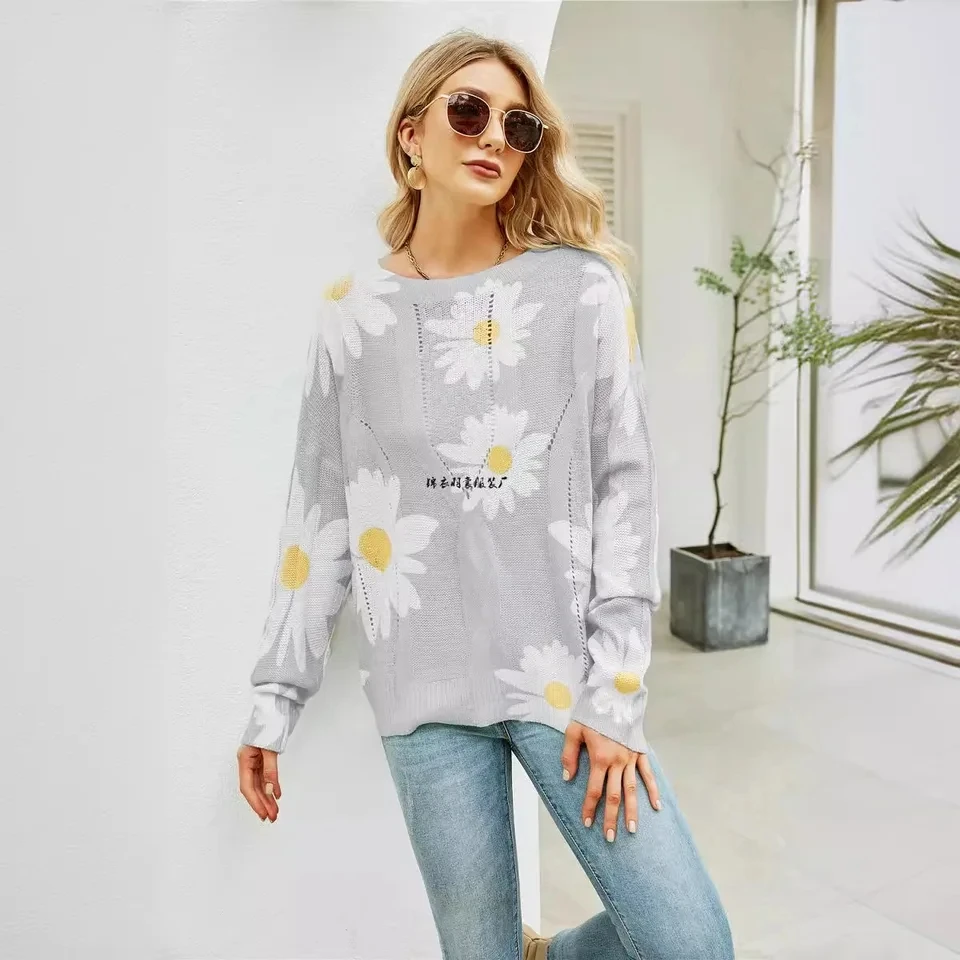 

Top Y2k Pull Femme Women Clothing Flower Hollow Fashion Printed Round Neck Long Sleeve Versatile Sweater Prendas De Punto Nuevas