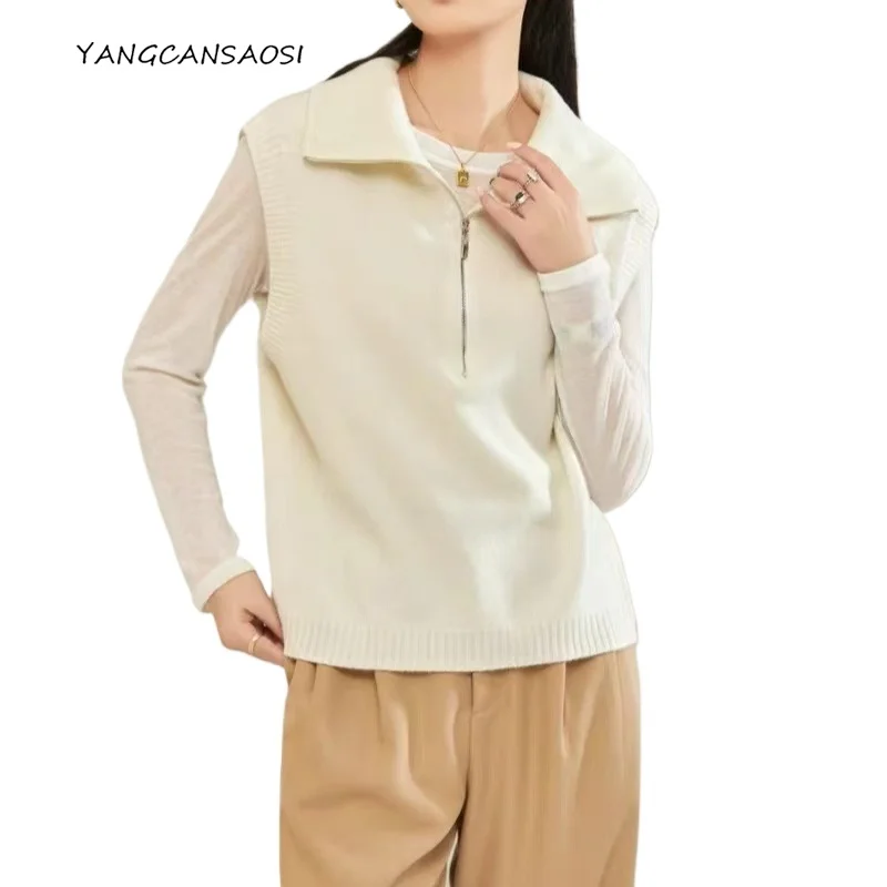 

2025 Women's Autumn Fashion Clothing 100% Pure Wool Vest Stacked Half Zipper Sleeveless Tank Top Solid Color Knitted Sweater