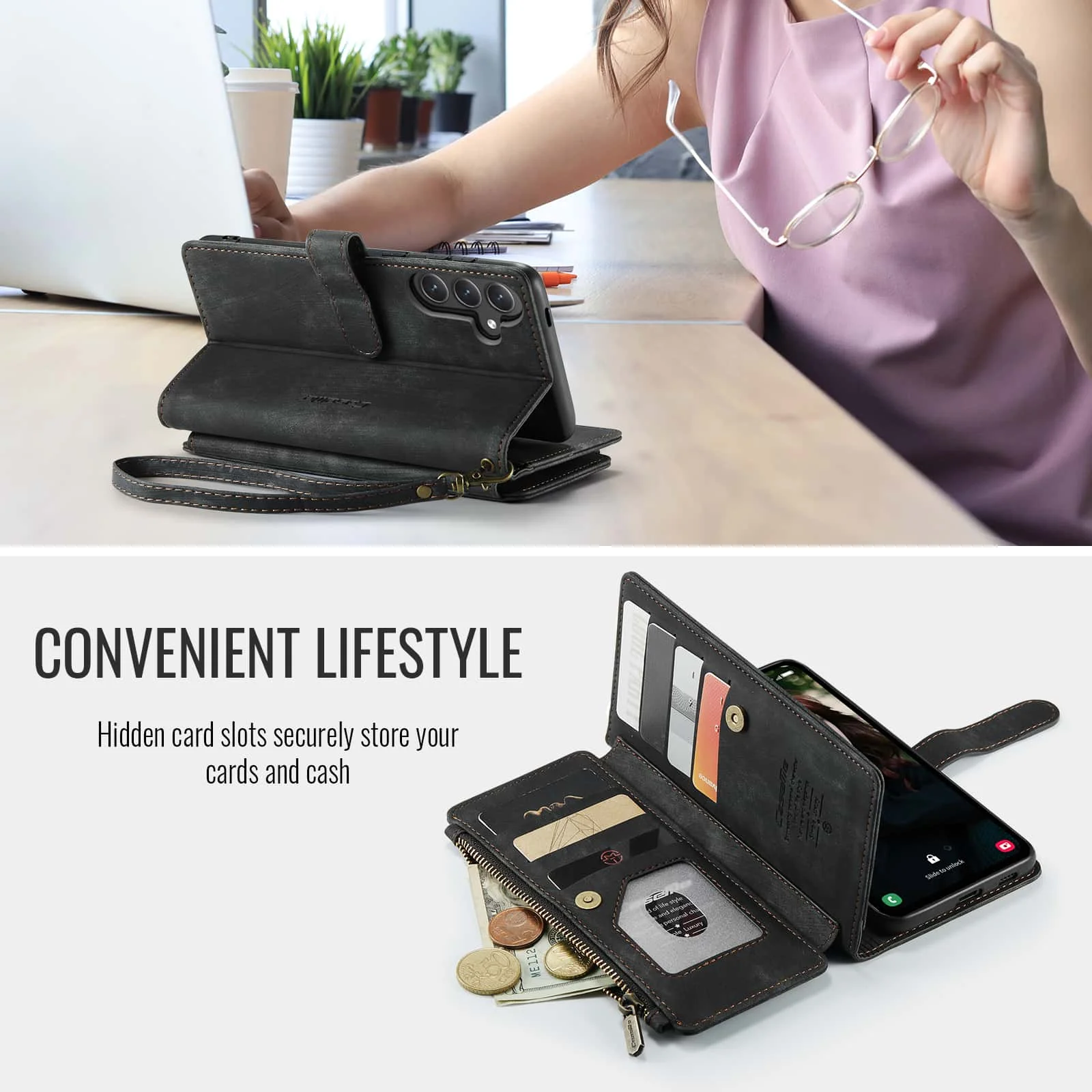 حافظة لهاتف Samsung Galaxy S24 FE، حافظة محفظة للنساء والرجال، حامل بطاقات بسحاب مغناطيسي من جلد البولي يوريثان المتين #3