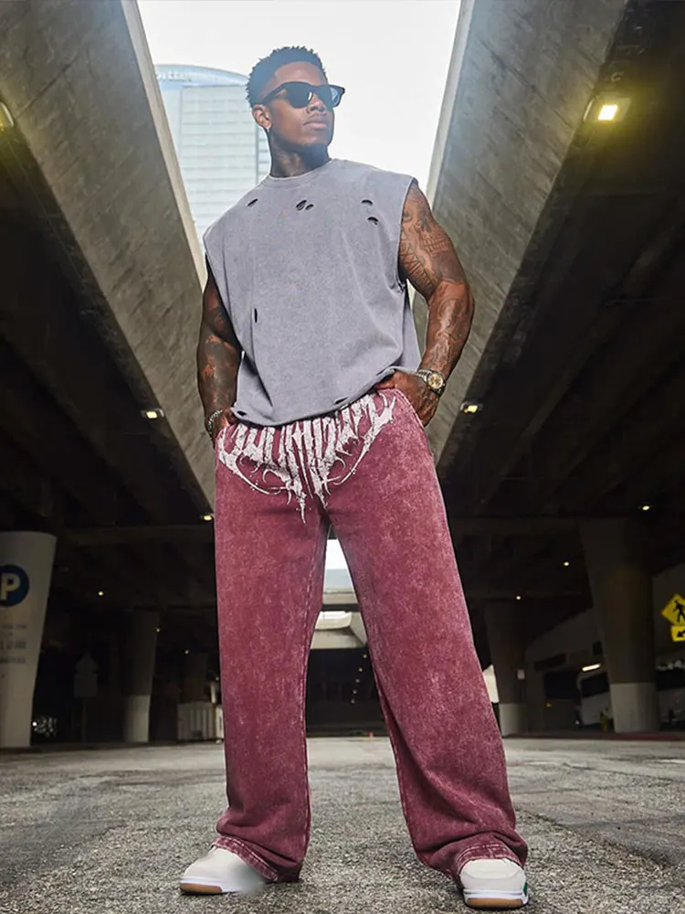 

Брюки мужские повседневные с принтом, винтажные Широкие штаны с эластичным поясом, с карманами, модные прямые свободные спортивные штаны, 2024