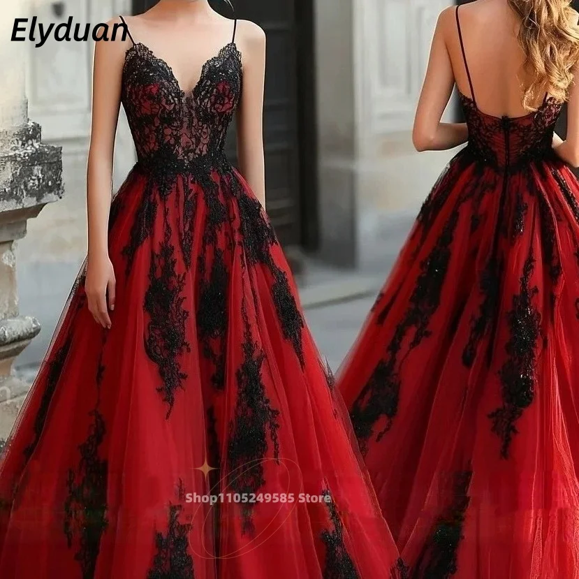 

Vampire Gothic Wedding Dress Black And Red Spaghetti Straps A-Line Bridal Gowns Lace Detail Sleeveless Bride Dresses Customized