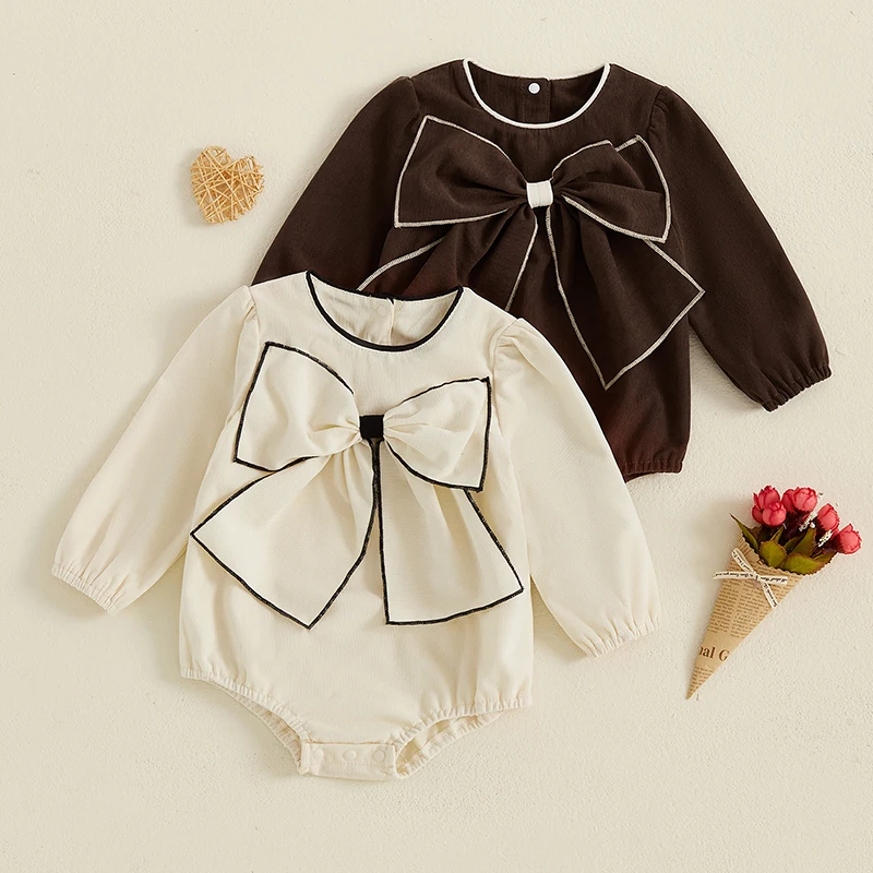 Baby Girl Bow Romper Round Neck Long Sleeve Jumpsuit Casual Clothes for Fall Winter