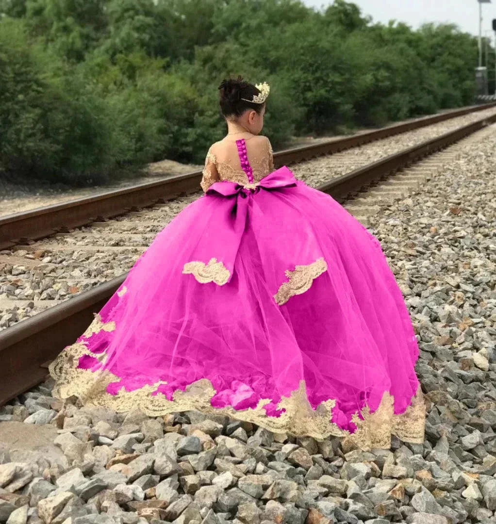 فساتين فتاة الزهور الحمراء المخصصة لحفلات الزفاف مزينة بالذهب وأكمام طويلة لحفلات أعياد الميلاد للأطفال أول كرة هدية