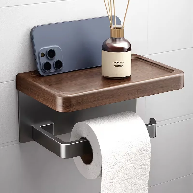 Suporte de Papel Higiênico de Parede Sem Furos com Prateleira e Suporte para Celular, Dispensador de Rolo de Papel para Banheiro, Material para Casa - 1 Unidade