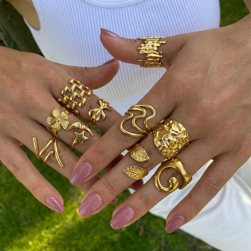 Gmai Goldfarben PVD-beschichteter Edelstahl-Ring-Set für Damen, Vintage-geometrische Statement-Ringe, Party-Schmuck, Geschenk, wasserdicht – Detail 4