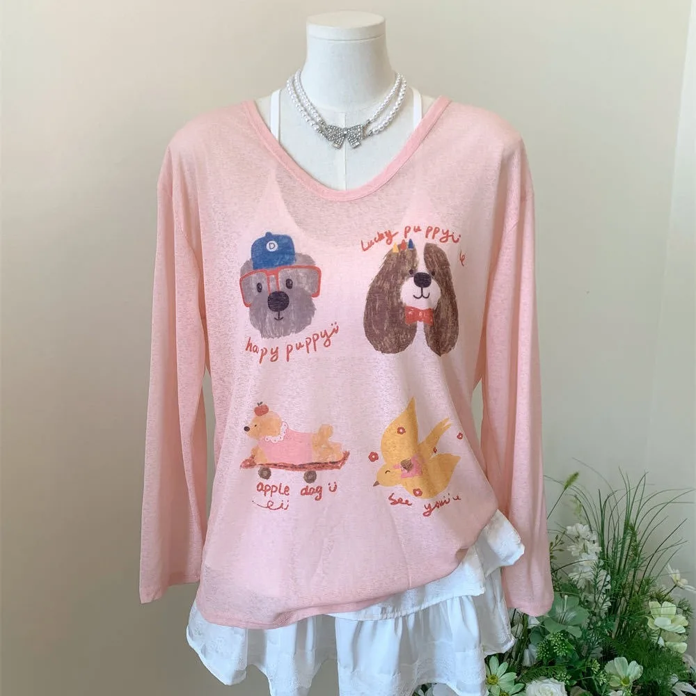 

Thin Dog Print Graphic T-shirt Sunscreen Cartoon Cartoon Animal Long Sleeved Top Harajuku Ins Round Neck Oversized T-shirt Women