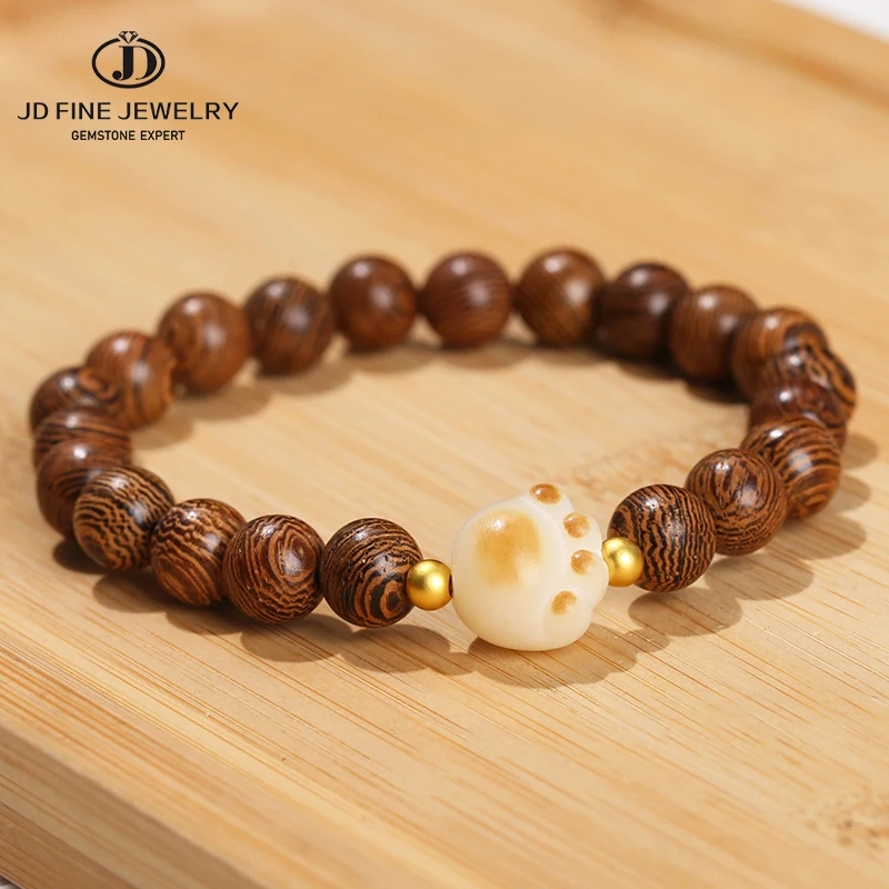 JD Natural Wenge Wood Bodhi Cat Paw Buddha Bead Bracelet Women Men Simple Retro Single Circle Handstring Yoga Balance Jewelry