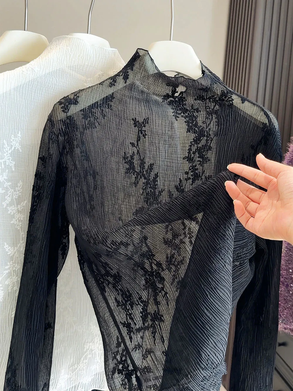 

Женская рубашка с цветочным узором и кружевным дизайном, пуловер с полувысоким воротником, новинка весна-лето, свободный крой, топ с длинными рукавами, женская одежда