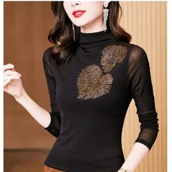 Spring Autumn Geometric Rhinestone Women's Clothing Turtleneck Pullover Long Sleeve Casual T-shirt Fashion Undershirt Tops