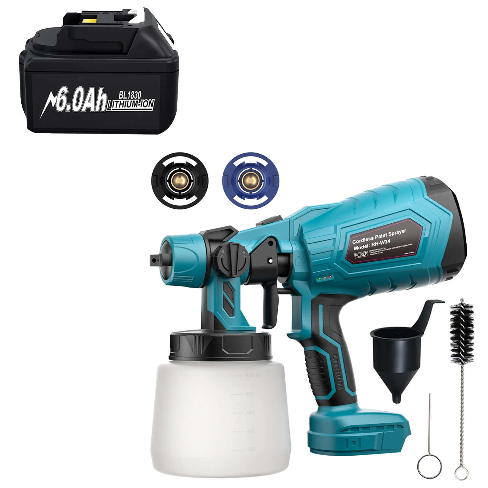 1000ML Kabellose elektrische Farbspritzpistole für Makita 18V Ersatzakku Farbspritzpistole kabellos für Makita BL1830 Akku