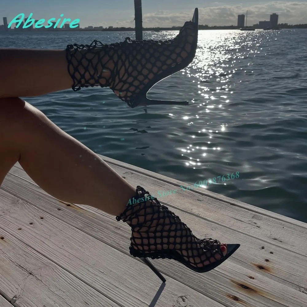 Black Fishnet Mesh Pointed Toe Sandals Lace-Up Cut-Out Thin Heels Women's Sandals Summer Spicy Girls Party Fashion Sandals