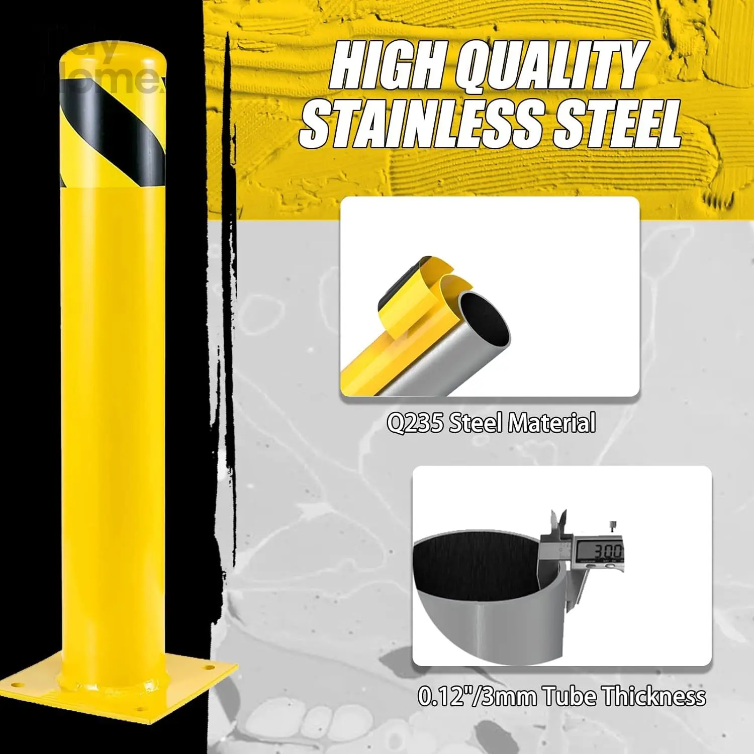 Safety Bollard Post, 36 Inch Height, 4.5 Inch Diameter, Yellow Coated Safety Parking Barrier Post, for Traffic Sensitive Areas