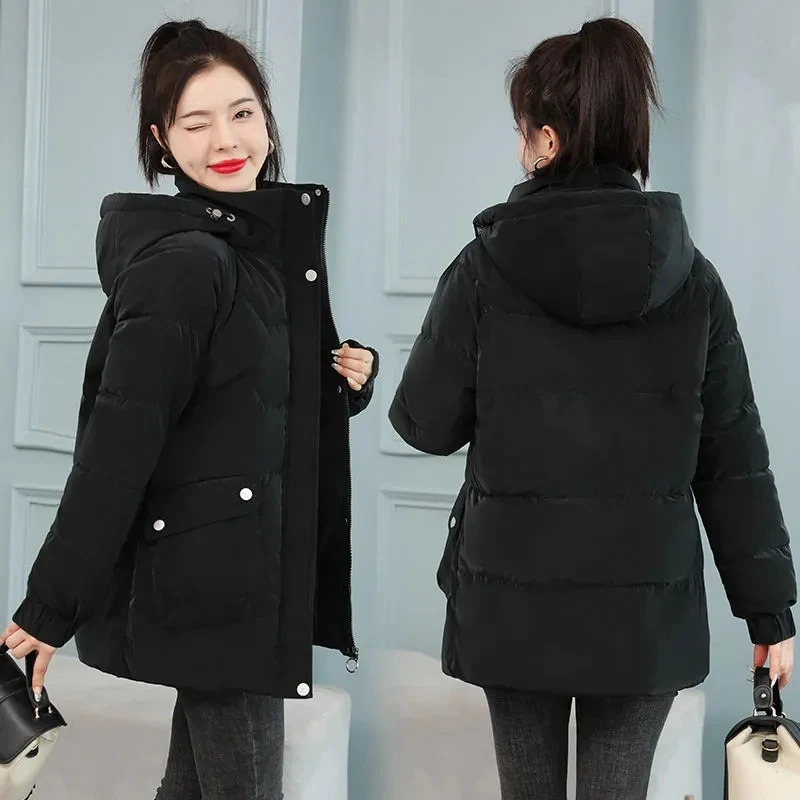 Winter Coat Women 2024 Fashion Middle Age Mother Slim Down Cotton Hooded Jacket Plus Size Casual Solid Warm Thick Outwear Parka