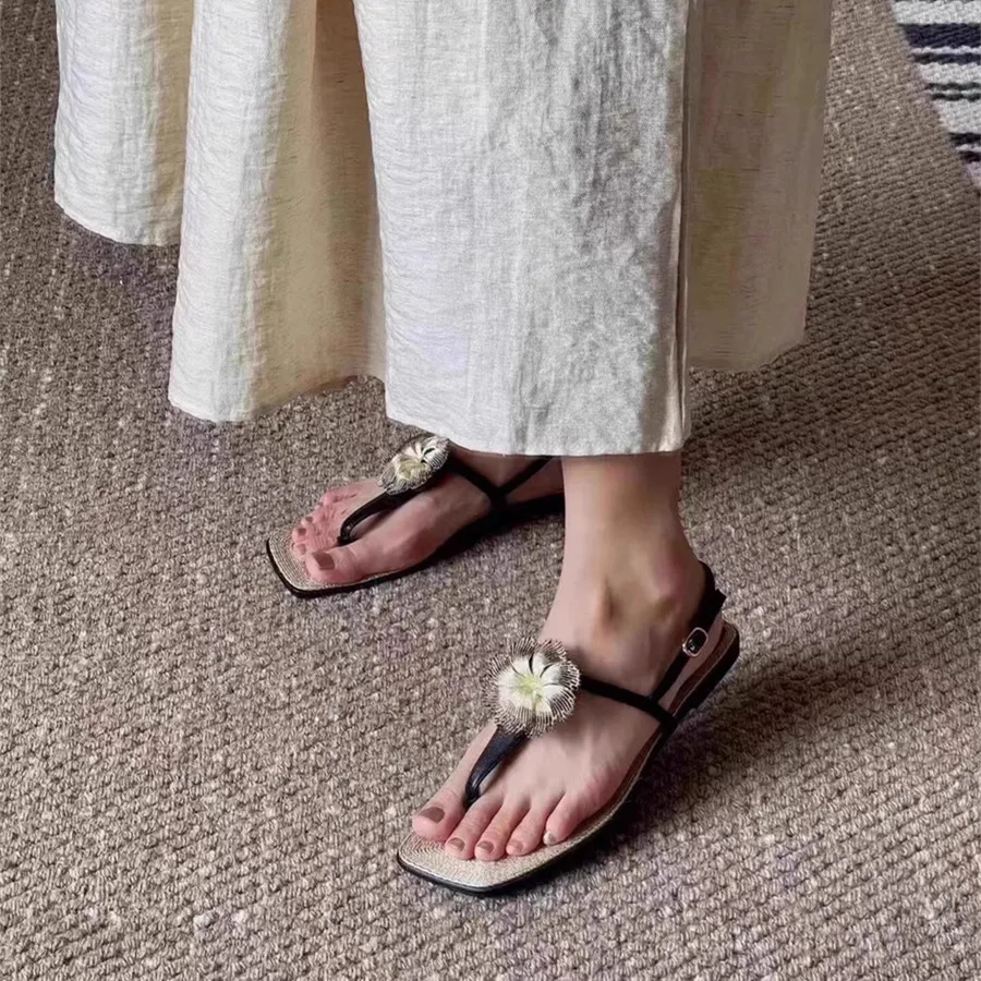 Sandali estivi firmati moda infradito in paglia scarpe da spiaggia con punta quadrata donna Bohemia Vocation Flats Holiday Casual Slides
