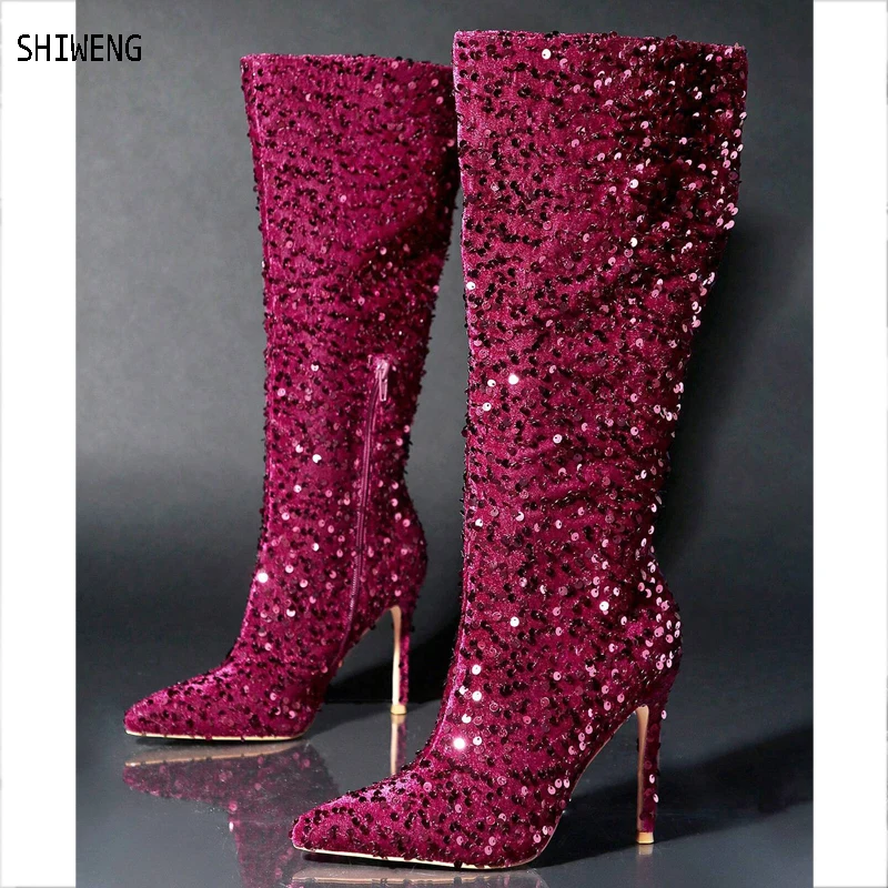 

Woman Stage Performance Night Club Fashion Sequined Knee High Boots Thigh High Boots Lady Blingbling Flake Boots Plus size 44