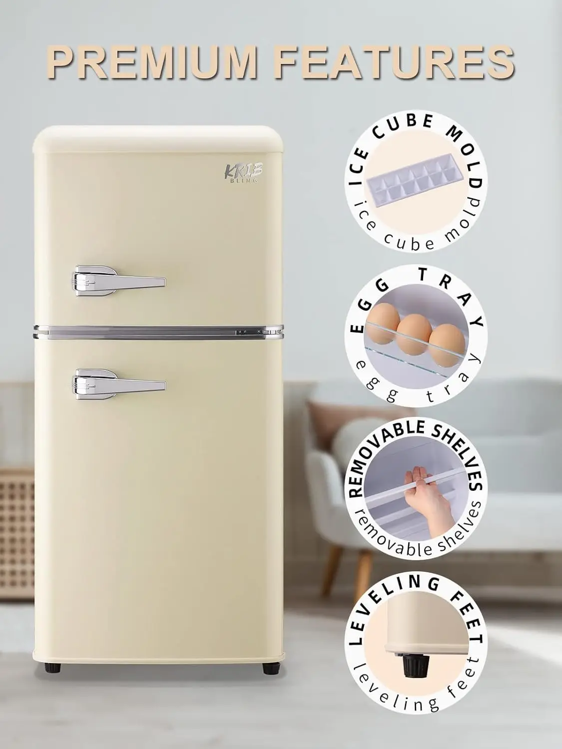 KRIB BLING 3.2 Cu.ft Compact Refrigerator, Mini Fridge with Freezer, Retro Design Small Drink Chiller for Home, Office