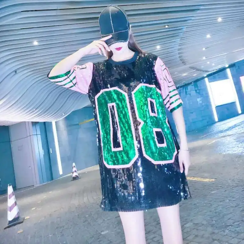 #0202 Summer Harajuku Baseball T Shirt Women Spliced Color Shinny Sequins Short Sleeve T Shirt Oversize Loose Streetwear Hip Hop