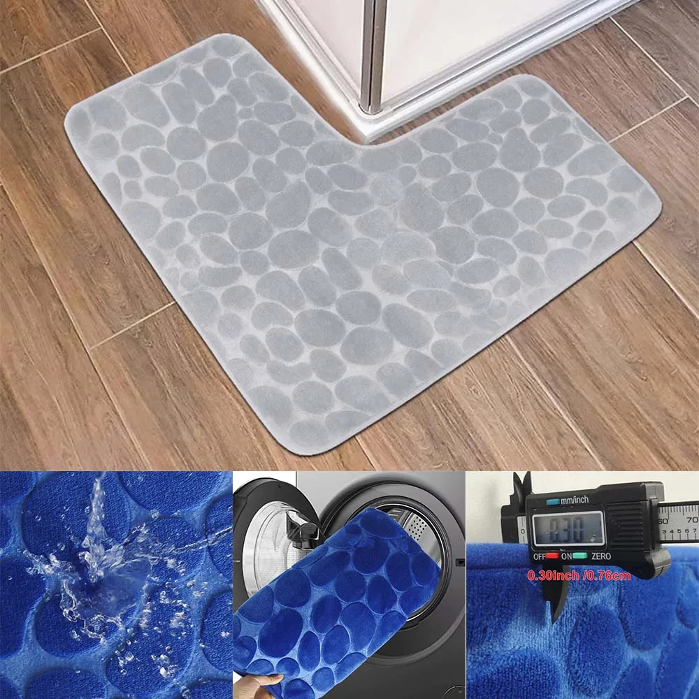 L-shaped Corner Bathroom Mat Cobblestone Non-slip Toilet Floor Mats Machine Washable Soft Absorbent Area Rug Bath Shower Carpet