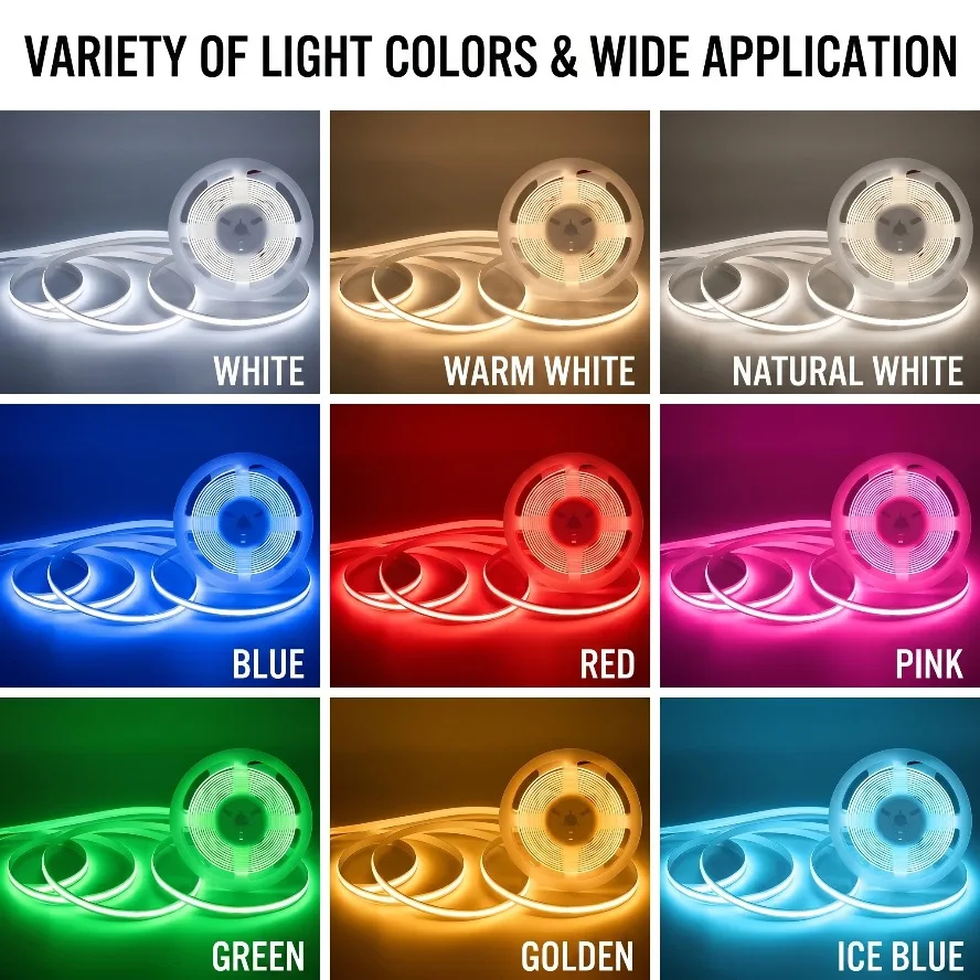 COB LED Light Strip Suit Button Battery Box 0.5-3m 8mm PCB 320LEDs/m CR2032  Flexible Tape Home Decoration DIY Lighting Design