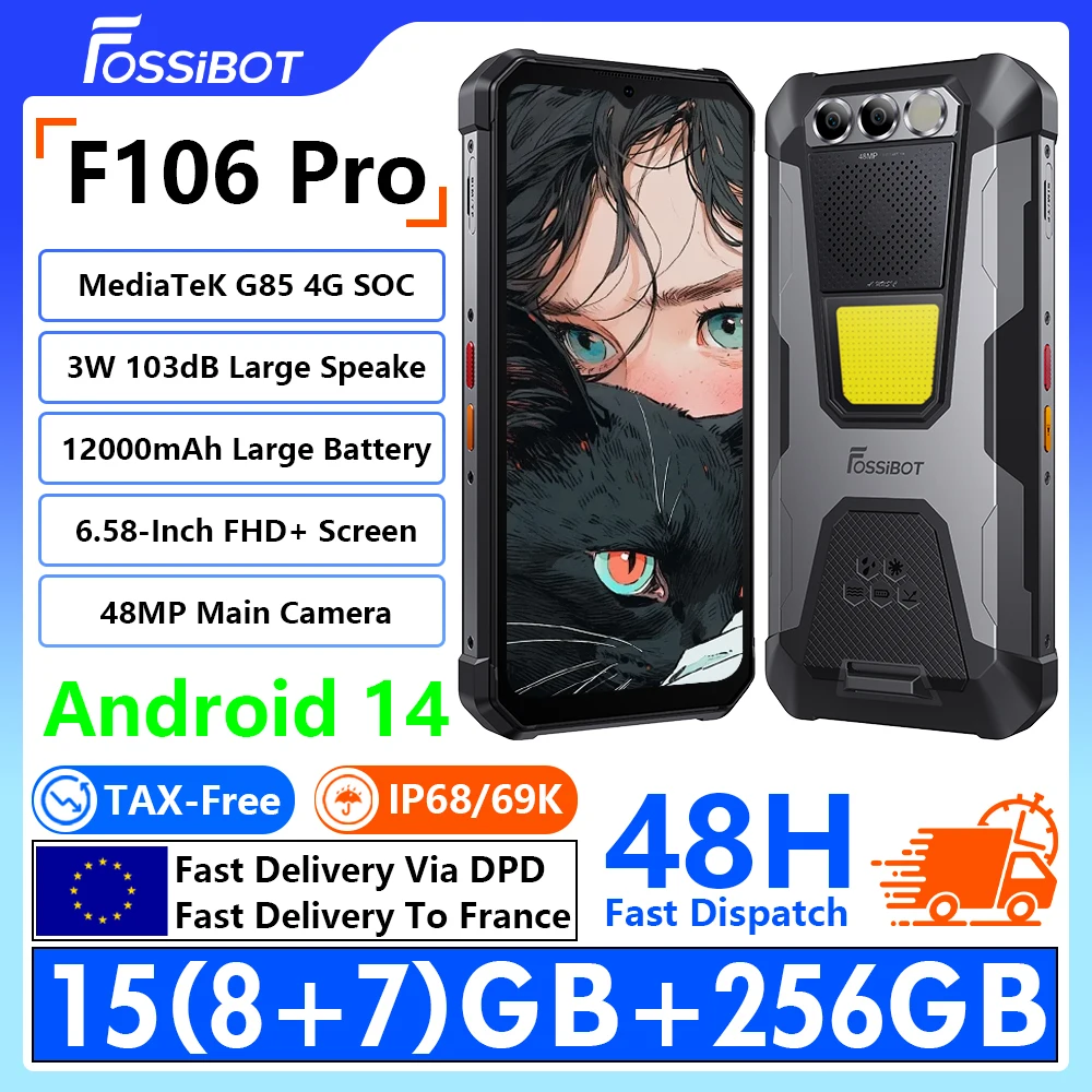 [Versand aus innerhalb Europas] FOSSIBOT F106 Pro 4G Outdoor-Smartphone 3W 103dB Lautsprecher 6,58-Zoll FHD+ Display 15(8+7)GB RAM+256GB ROM MediaTek Helio G85 4G 48MP+16MP Kamera 12000mAh Akku 18W
