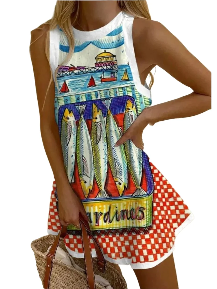 

Summer Sweet Printed Dress For Women Casual O Neck Sleeveless Loose Mini Dresses 2025 Women's Holiday Vacation Beach Sundress