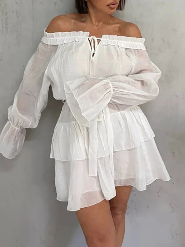 Lady Bohemian Drawstring Pleated Dress Elegant One Neck Backless Splice Dress Simple Solid Off Shoulder Fungus Multi-Layer Dress