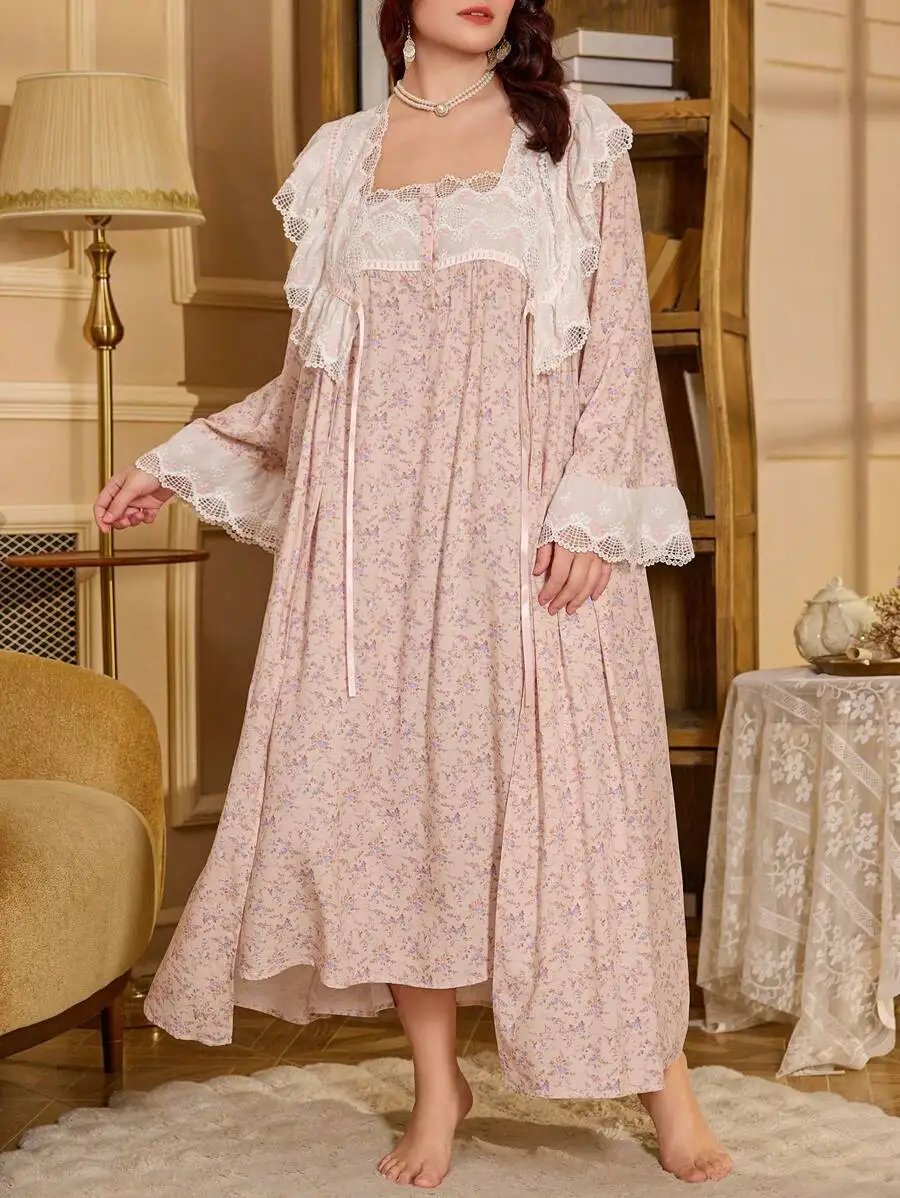 2pcs/Set Plus Size Ditsy Floral Lace Patchwork Camisole Dress And Robe Pajamas Set, Fall Winter Clothes