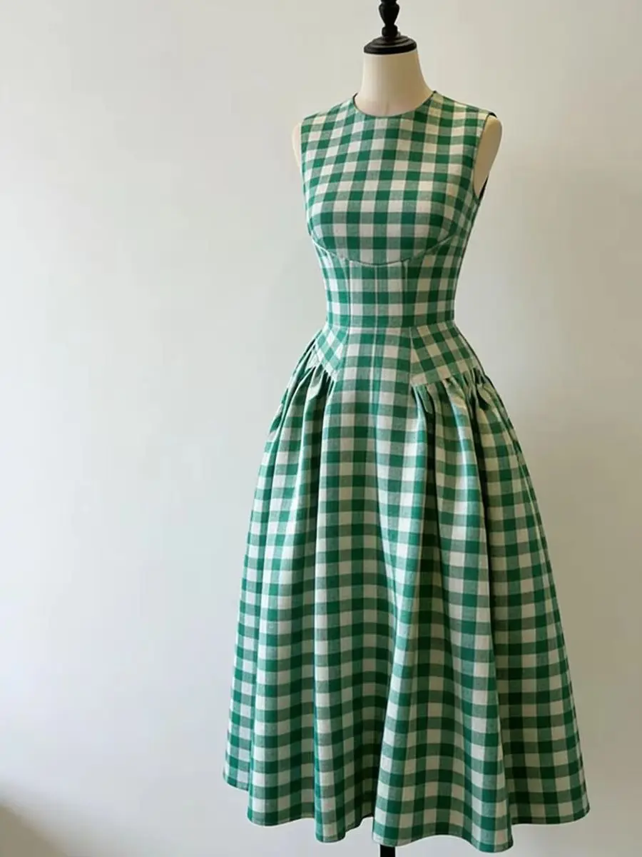 Mint Green Grid Elegant Sleeveless Dress For Women'S Summer Niche Retro Temperament Slim Fit Long Skirt - Image 3