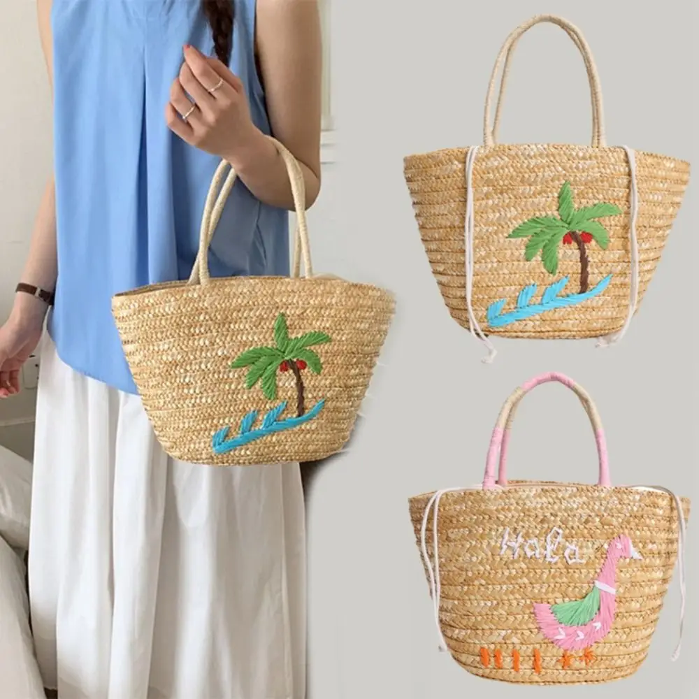 

Large Capacity Coconut Tree Embroidery Straw Bag Embroidered Duck Grass Weave Tote Bag Fashion Simple Summer Beach Bag Summer