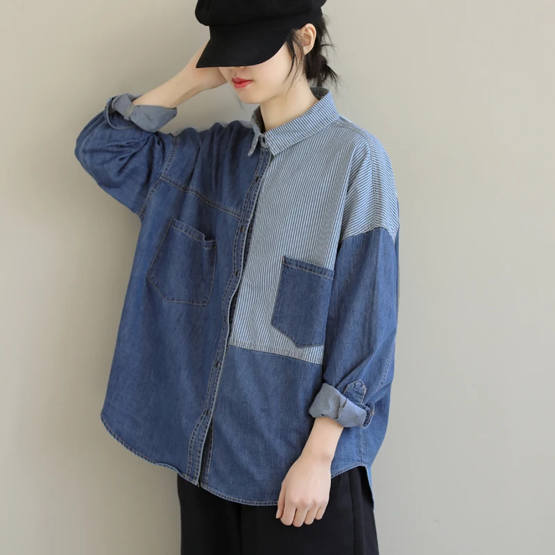 

Retro Striped Loose Fit Denim irt Color Blo Brand Women's Faion Outerwear Korean Sle Long Sve Button down