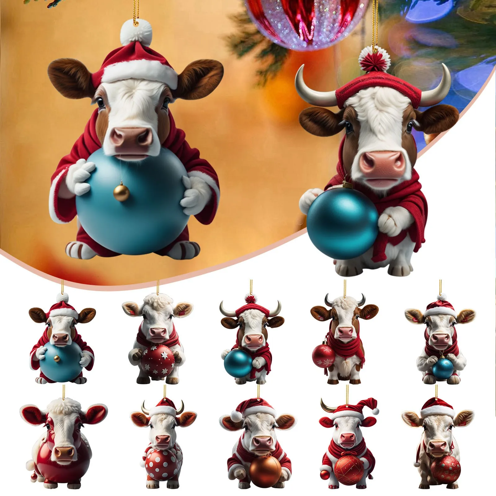 2024 Acrylic Funny Cow Christmas Tree Ornaments Cat Acrylic Ornaments Double Printed Cow Christmas Ornaments Christmas Cow Toys