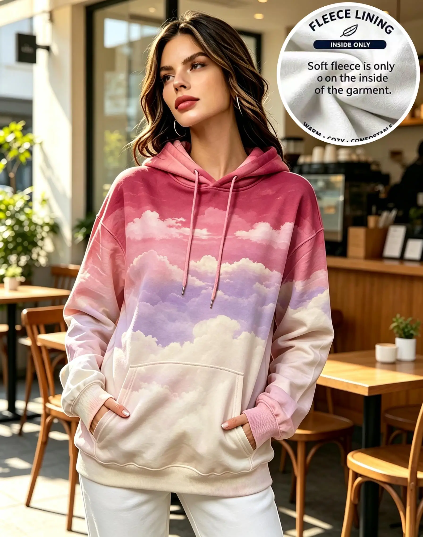 Women Mountain Landscape Gradient Print Fleece Hoodie Orange Brown Drawstring Pocket Casual Sweatshirt