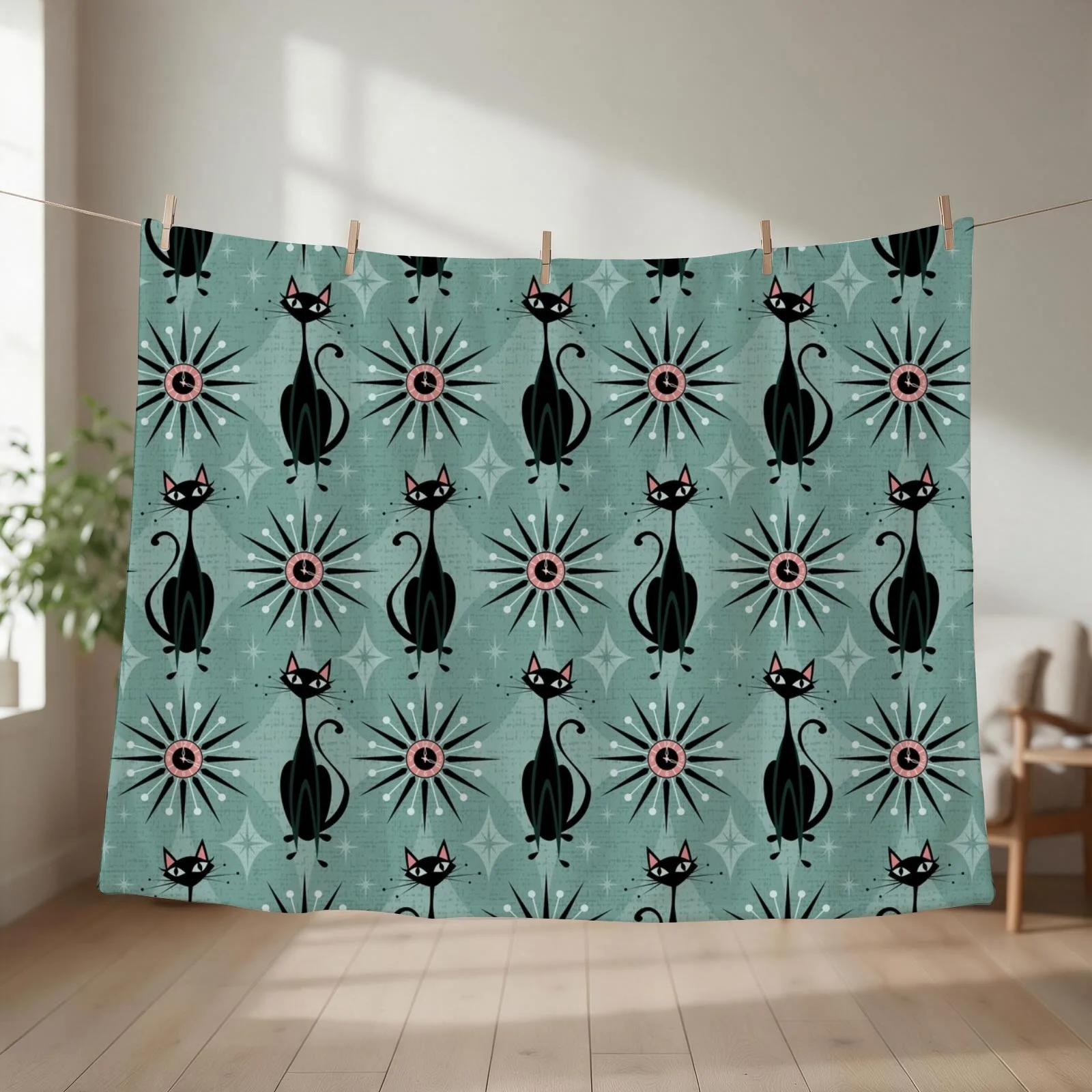 Mid Century Cats and Clocks Throw Blanket couch cozy soft plush fuzzy picnic outdoor blanket