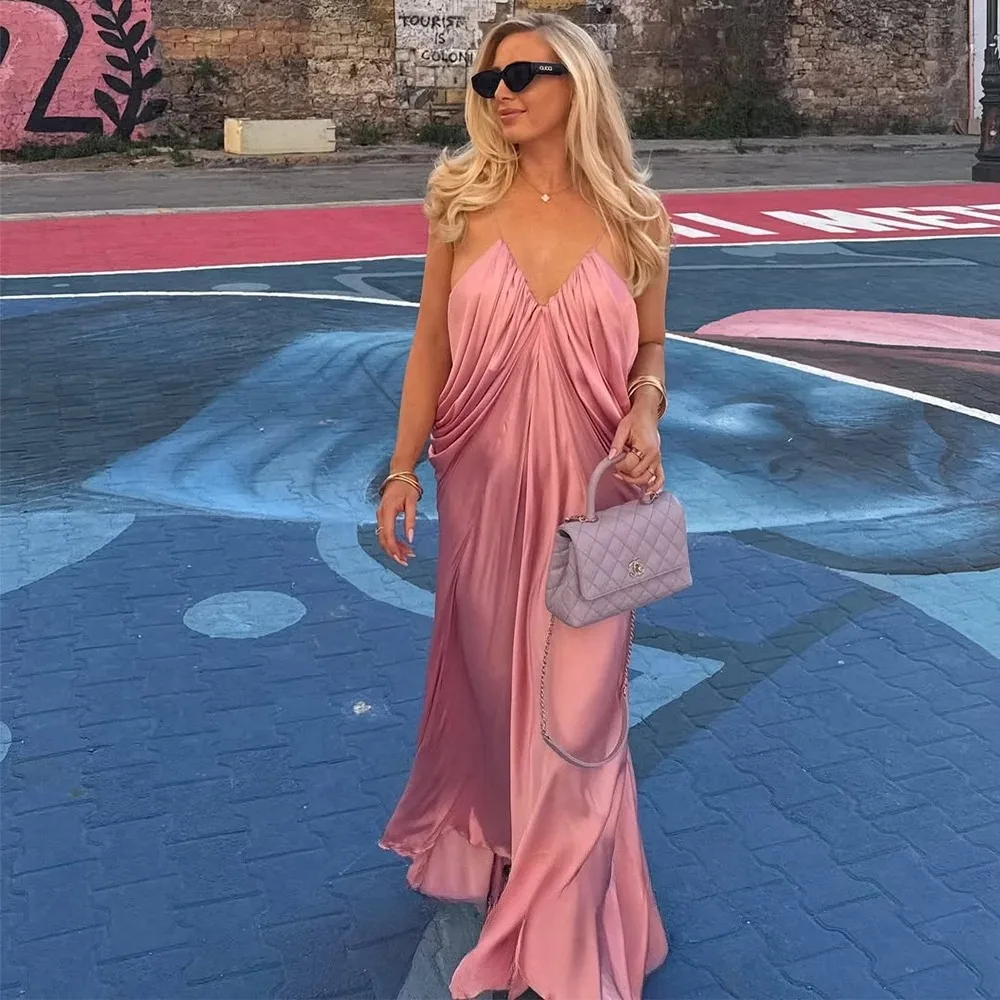 KONDALA Sexy Chic Rosa Partykleid Frauen V-ausschnitt Rückenfrei Lose Lange Partykleid Mode 2025, Abend Club Elegante Frauen Kleid