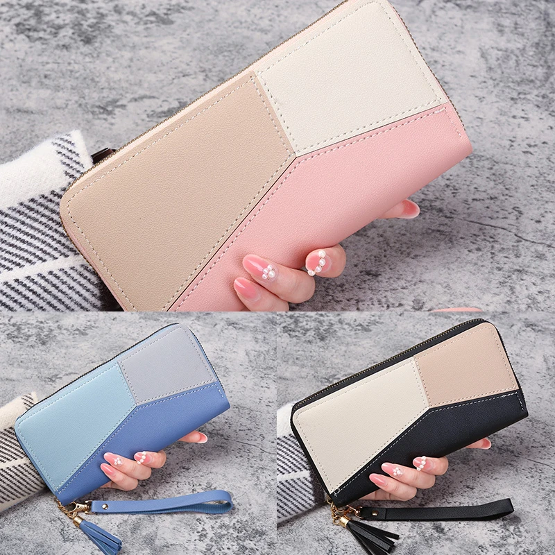 

Fashion Trendy Candy Color Women's Long Patchwork Wallet Double Zipper Wallets Mobile Phone Bag Clutches Purse With Wristlet