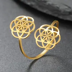 LIKGREAT Hollow Flower of Life Sacred Geometry Adjustable Ring for Women Stainless Steel Vintage Chakra Mandala Jewelry Gift New