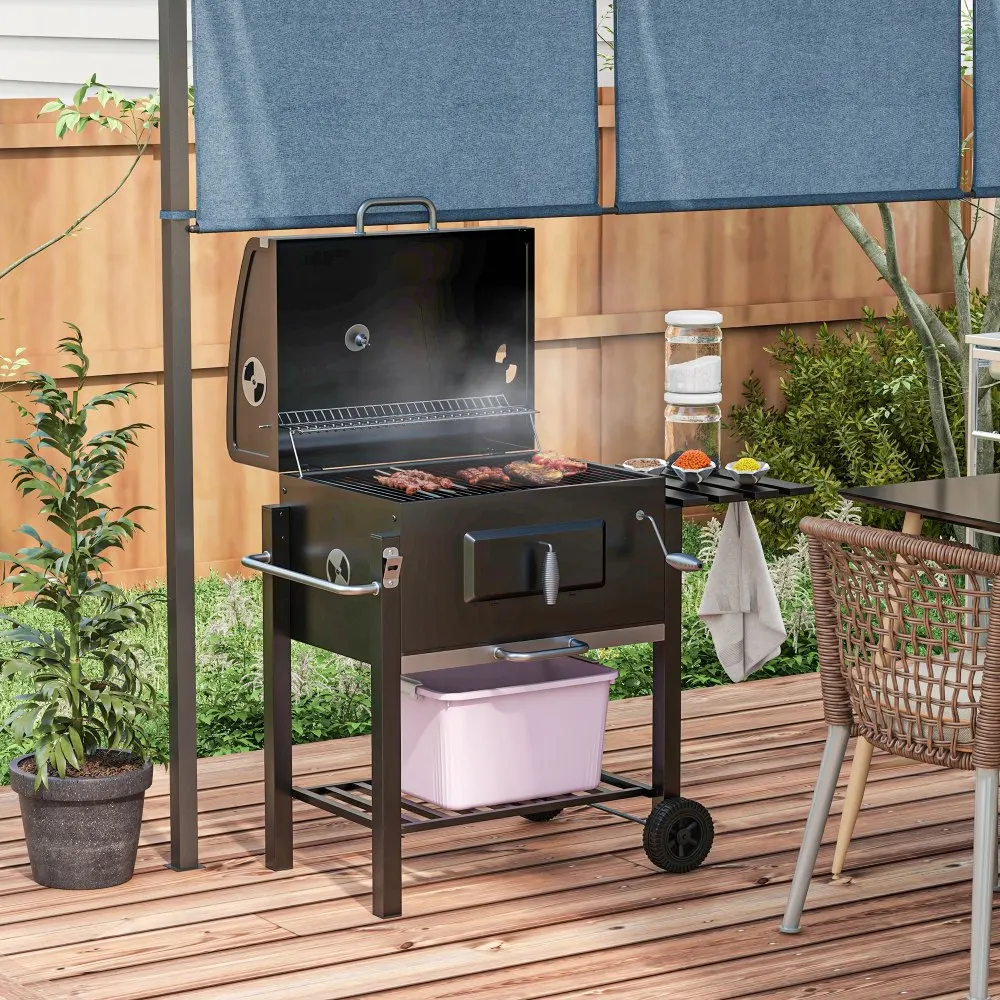 Outsunny Charcoal BBQ Grill หม้อหุงข้าวแบบพกพากลางแจ้งสําหรับ Camping Backyard ปิกนิกพร้อมโต๊ะด้านข้างด้านล่างชั้นวางของล้อ