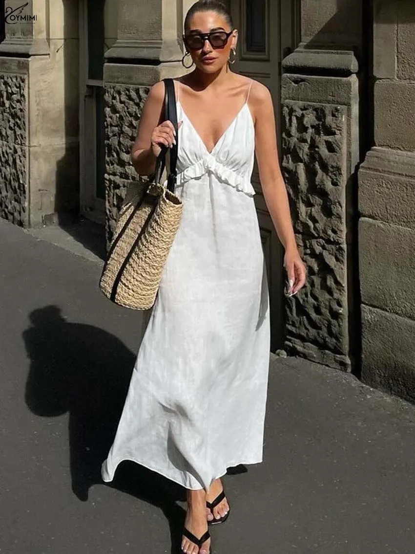 

Oymimi Summer White Cotton Women's Dress Fashion Spaghetti Strap Ruffled High Waist Dresses Casual New Loose Ankle-Length Dress