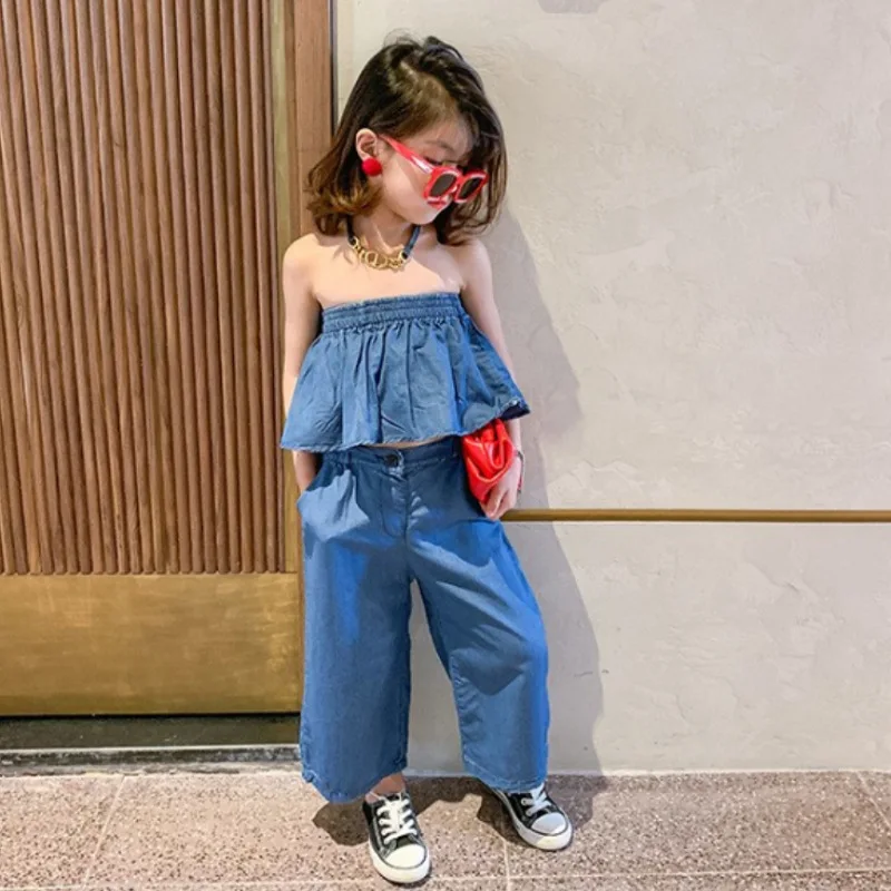 2026 Summer Fashion Baby Girls Cotton Blue Cropped Elastic Ruffled Strapless Tops + Loose Pant Sets Kids 2 Pieces Outfits